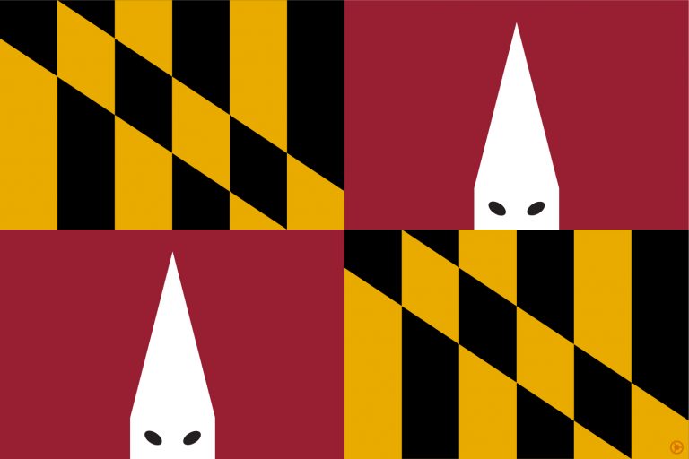 My illustration of the Maryland flag with two Ku Klux Klan hoods in place of the red and white Crossland quarters