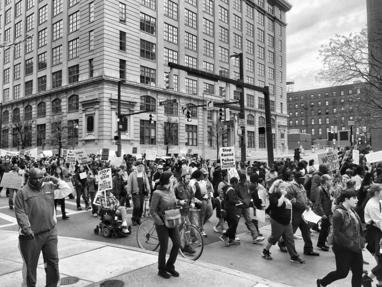 Protesters filling a downtown Baltimore street, April 25, 2015