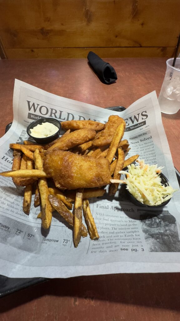 The image shows a plate of fish and chips served on a sheet of paper designed to resemble an old-fashioned newspaper. The meal includes golden-brown fried fish, crispy fries, a small side of coleslaw in a black plastic container, and a small cup of tartar sauce. The paper beneath the food has visible text, with the headline "WORLD DAILY NEWS" prominently displayed. The table is wooden, and in the background, there is a black cloth napkin rolled up and placed on the table next to a plastic cup filled with ice water and a straw. The overall presentation has a casual, pub-style feel.