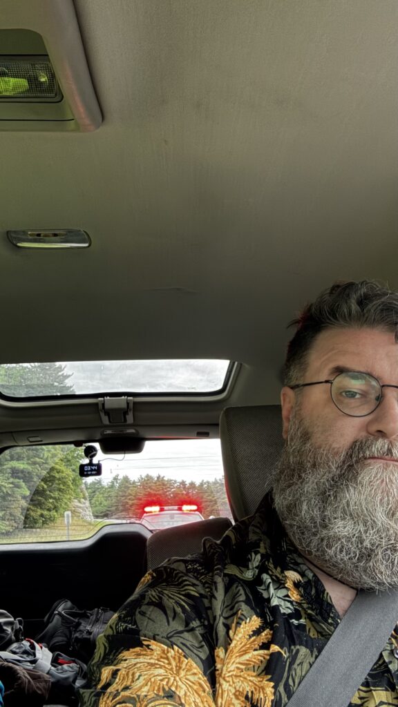 The image is a selfie taken inside a car, showing the driver's side. The person in the photo, partially visible on the right side, has a full beard, wears round glasses, and is dressed in a black shirt with a bold, leafy yellow pattern. They are wearing a seatbelt, and their expression appears to be serious or neutral. In the background, through the rear window of the car, a state trooper's vehicle with flashing red lights is visible, indicating that the car has been pulled over. The surrounding area outside the car suggests a rural location, likely in the Adirondacks, with trees and a cloudy sky in the distance. The interior of the car shows part of the roof, a rearview mirror, and the edge of a sunroof.