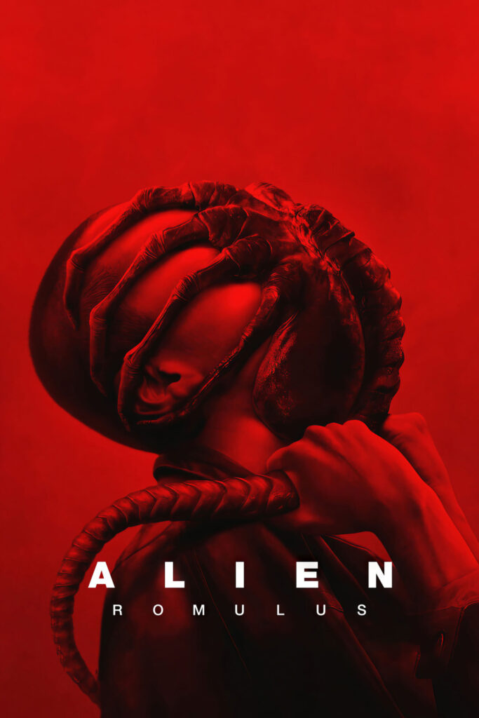 A poster for the movie Alien: Romulus features a dark red background with a detailed, close-up image of a human head being enveloped by the long, spindly legs of an alien facehugger. The creature's tail is wrapped around the person’s neck. The movie title "ALIEN ROMULUS" is displayed in bold white text near the bottom of the poster.