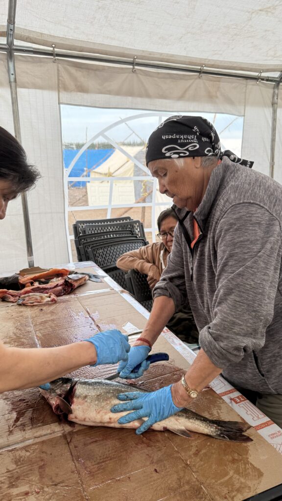 A second woman in a gray zip-up jacket and black bandana works alongside the first, carefully slicing a large fish, with a younger woman sitting in the background.
