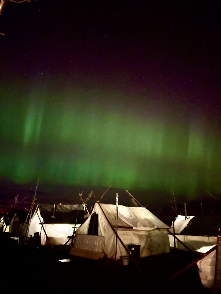 Another view of the Northern Lights glowing bright green and purple above a row of traditional Naskapi tents, creating a mystical atmosphere. The tents' framework of wooden poles is outlined against the illuminated sky, adding to the scene's natural beauty.