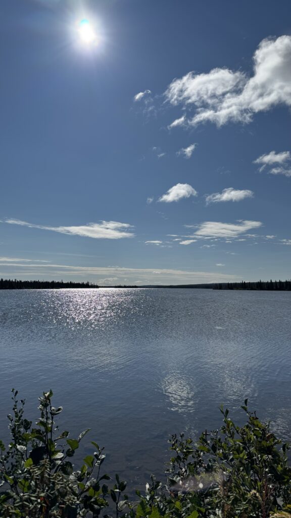 A serene lake stretches across the frame, its surface reflecting the bright sunlight and the blue sky scattered with soft clouds. The distant shoreline is lined with trees, adding a natural border to the calm waters. The sun shines brightly, casting a peaceful, shimmering light over the water.