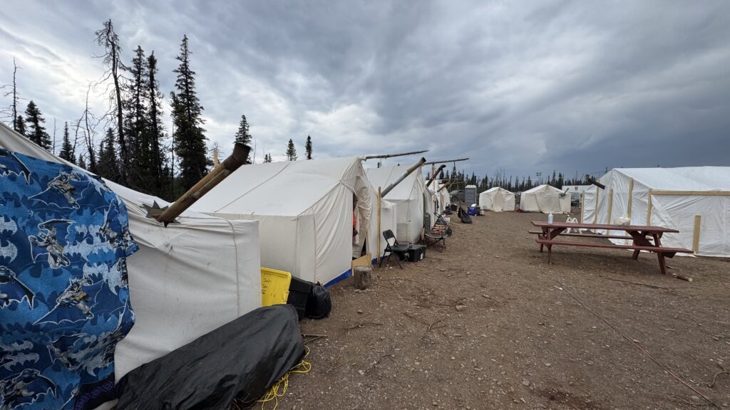 A row of white canvas tents, each with metal stovepipes sticking out at different angles, lines a gravel path in a forested camp. Some tents have unique decorations, such as a Batman-themed tarp, while others have plain coverings. A red picnic table is visible on the path, under the overcast sky.