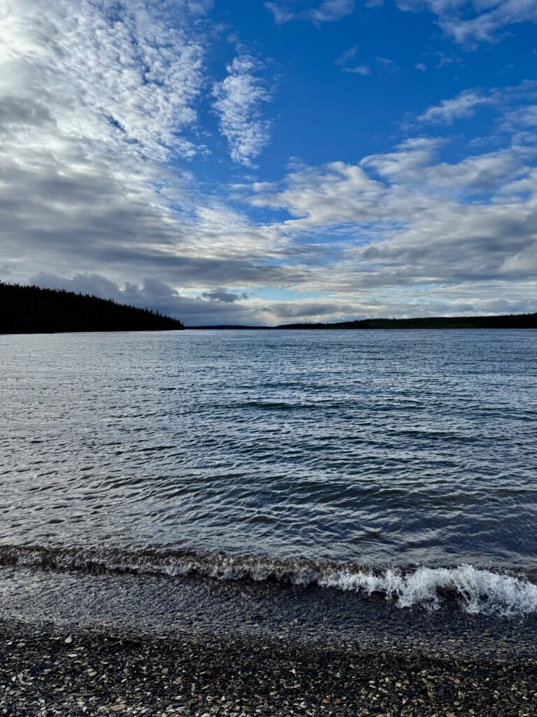 Gentle waves roll onto a rocky shore under a sky filled with scattered clouds. The horizon is lined with a dark forest, and the bright blue sky contrasts with the moody clouds above the calm lake.