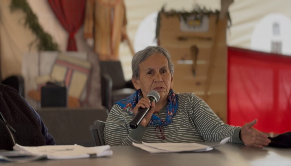 The third image shows an elderly woman speaking into a microphone while seated at a table. She wears a striped shirt and has papers in front of her, suggesting she is contributing to the discussion. The background includes cultural items such as blankets and decorations.