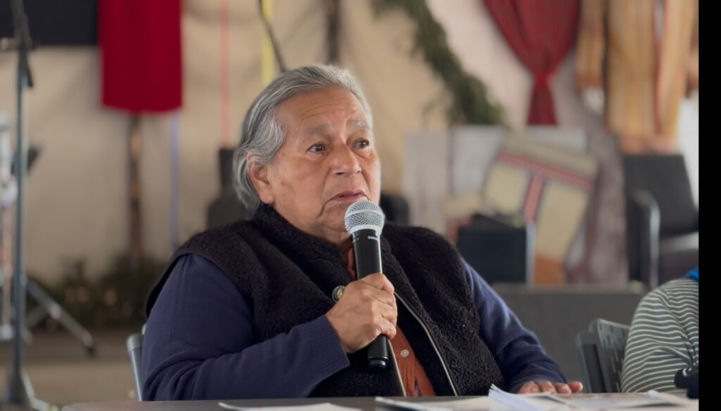 The fourth image captures another elderly woman, also speaking into a microphone at the same gathering. She is wearing a dark vest and speaks with an engaged expression, contributing her perspective during the session.