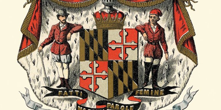 An ornate Maryland coat of arms featuring the state flag