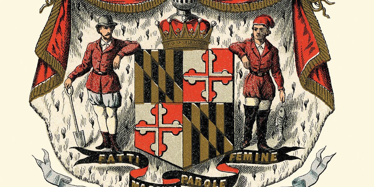 An ornate Maryland coat of arms featuring the state's flag at its center, flanked by two men in red uniforms. One man holds a shovel, and the other holds a fish. Above the shield is a crown, and below is a banner that reads “Fatti Maschii Parole Femine,” which translates to "Manly Deeds, Womanly Words." The entire emblem is draped in a decorative fur and fabric design.