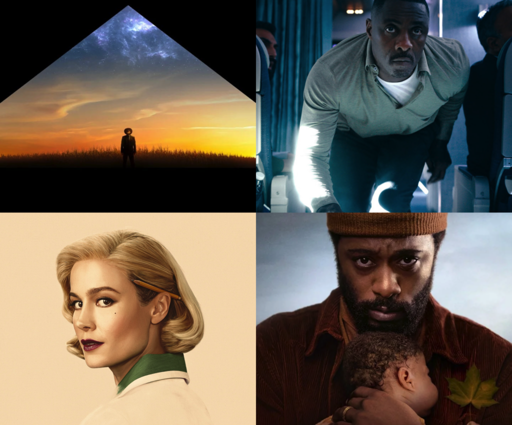 The image is a collage of four different visuals, likely representing characters or themes from popular television shows or movies.

Top left: A person wearing a hat stands in a vast field at sunset, looking toward a triangular portal revealing a starry sky, blending rural and sci-fi aesthetics.
Top right: A man with an intense expression crouches in the aisle of an airplane, seemingly in a tense or action-packed situation.
Bottom left: A woman with vintage 1950s-inspired blonde hair and makeup, wearing a professional outfit, with a pencil tucked behind her ear, evoking themes of classic drama or period storytelling.
Bottom right: A bearded man wearing a beanie holds a sleeping baby close to his chest while holding a green leaf, suggesting themes of family, survival, or emotional drama.