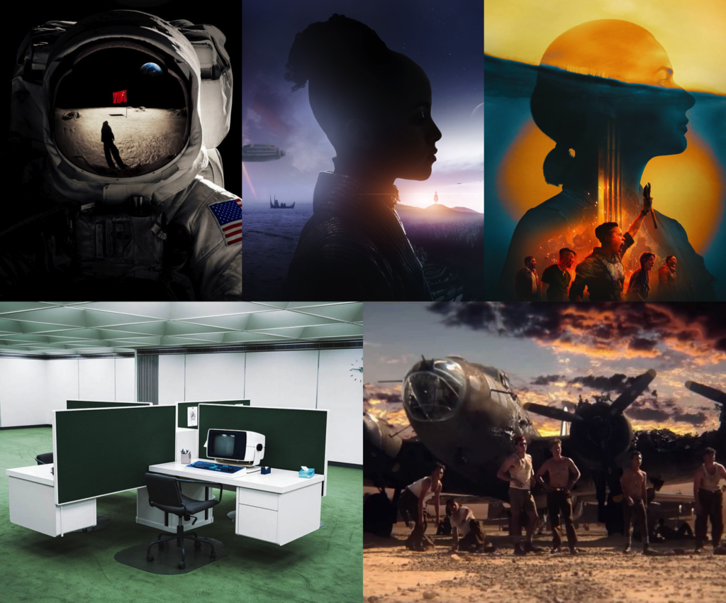 The image is a collage of six visuals related to various themes of television shows.

Top left: An astronaut in a spacesuit with the reflection of a person standing on the Moon, with Earth visible in the background and an American flag patch on the suit.
Top center: A futuristic sci-fi themed portrait of a woman with a spaceship and a landscape in the background.
Top right: A stylized artistic representation of a woman’s face overlaid with a group of people holding a torch, symbolizing themes of discovery and leadership.
Bottom left: A minimalistic office setup featuring green partitioned cubicles and an old-fashioned computer on the desk.
Bottom right: A group of shirtless men standing next to a vintage military aircraft, evoking themes of wartime camaraderie and aviation history.