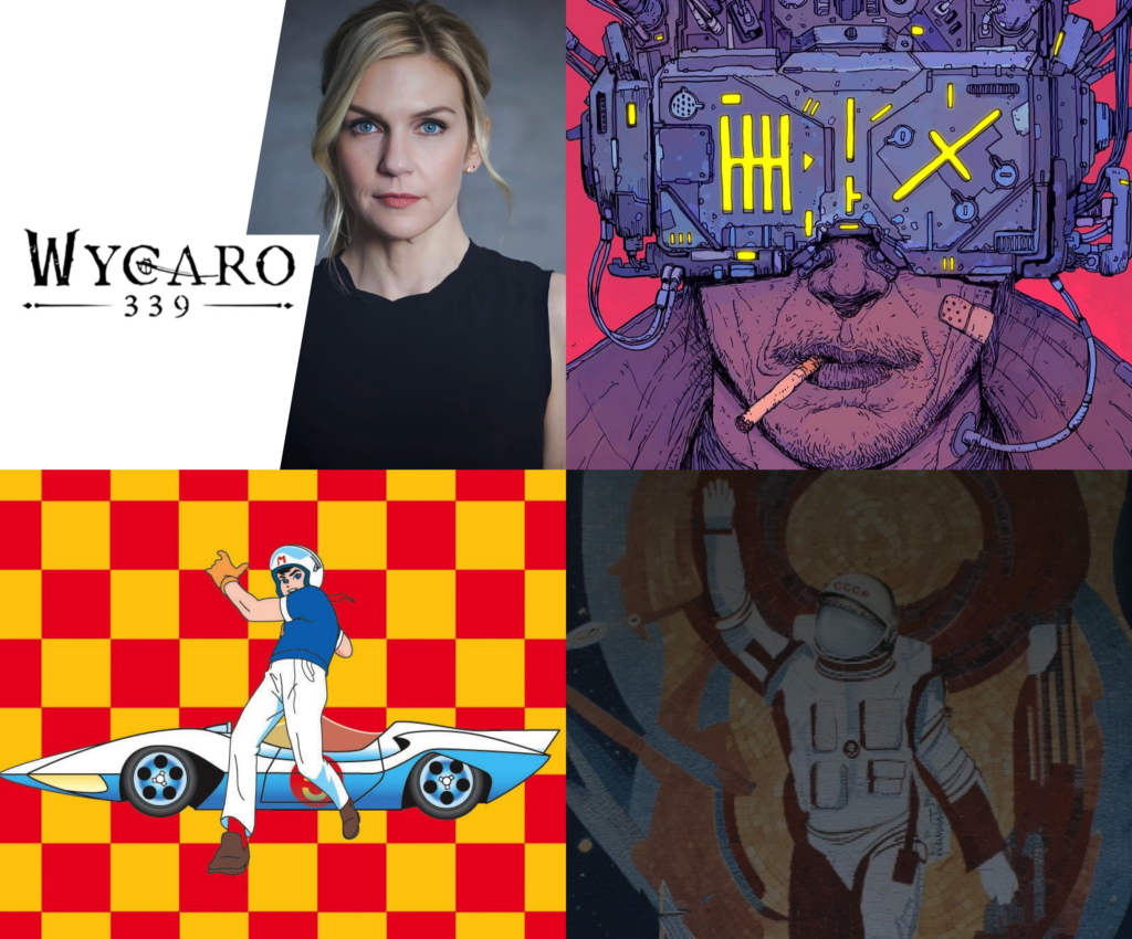 
The image is a collage of four visuals likely related to upcoming television shows, movies, or cultural references.

Top left: A woman with blonde hair in a black sleeveless top, with the text "WYCARO 339" beside her, suggesting a mystery or drama theme.
Top right: A cyberpunk-style illustration of a man wearing an intricate VR headset with glowing yellow markings, a cigarette in his mouth, and a futuristic, gritty aesthetic.
Bottom left: A classic animated character wearing a racing helmet and gloves, posing in front of a checkered red and yellow background with a stylized futuristic race car, likely referencing vintage racing-themed cartoons.
Bottom right: A retro-style mosaic of an astronaut in a CCCP (Soviet-era) spacesuit, raising one hand in a salute-like gesture, hinting at historical space exploration themes.