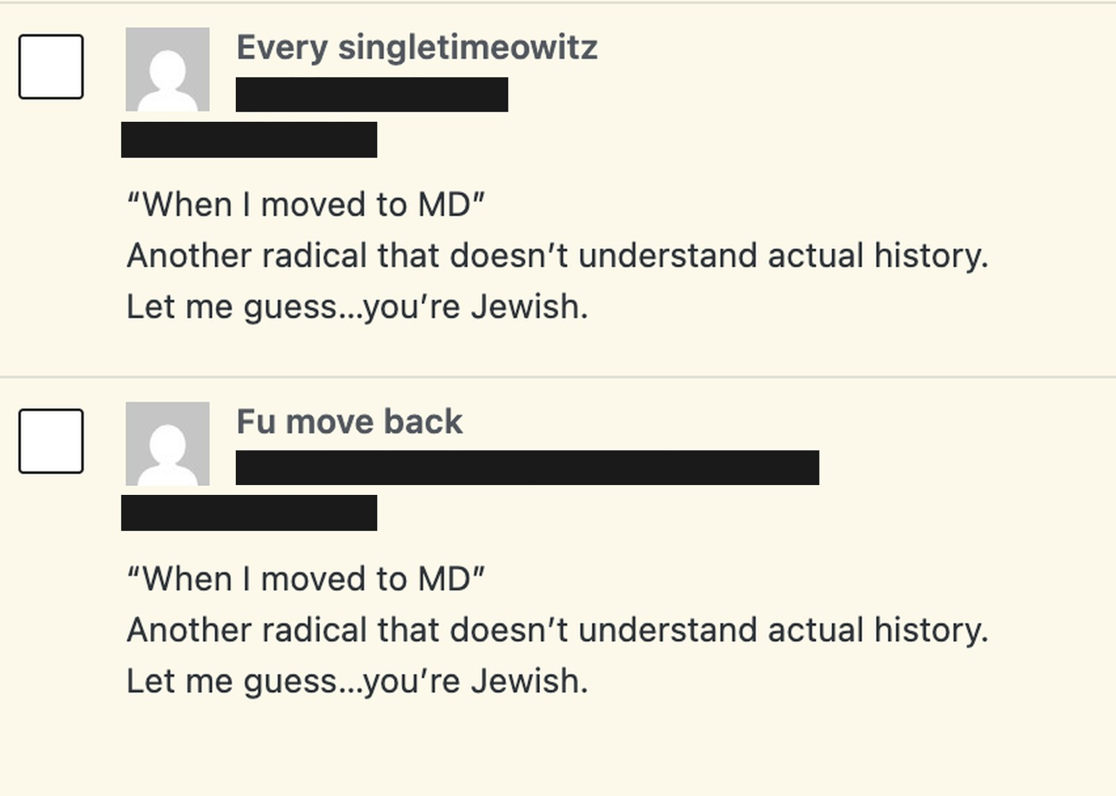 Two abusive comments received in October 2026, sent minutes apart under different fake names. Email addresses and IP addresses have been redacted.