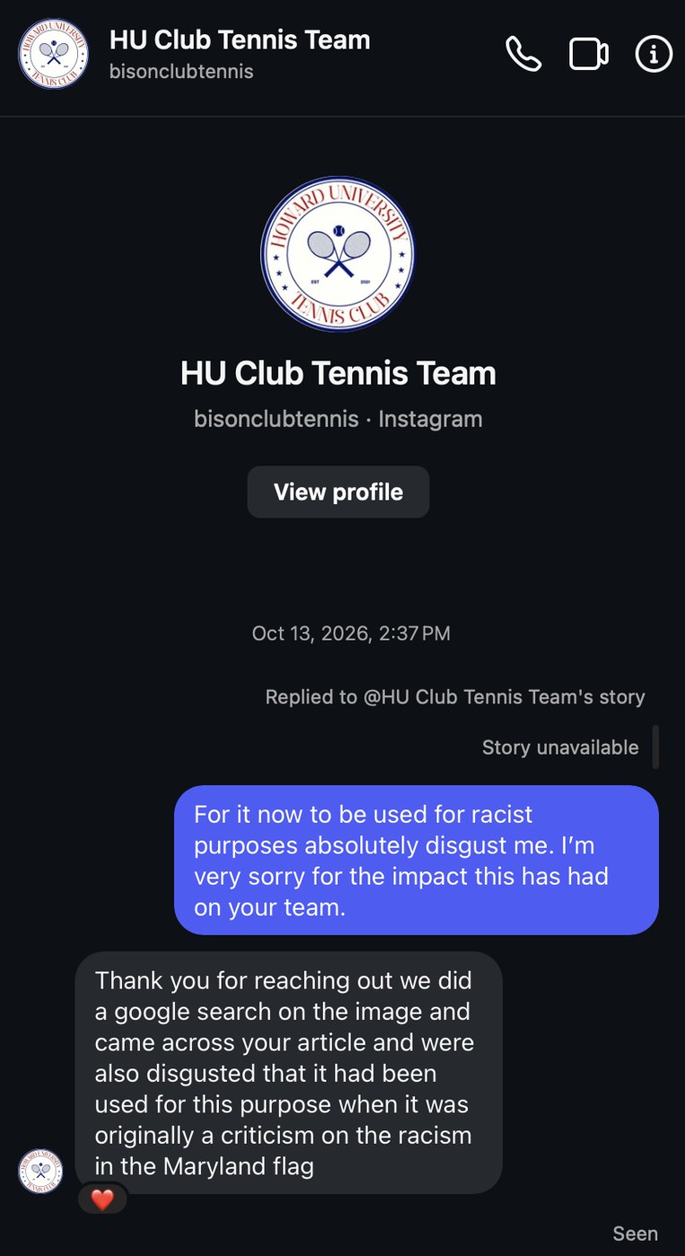 Instagram message exchange in which Benjamin Jancewicz apologises to Howard University’s tennis club for how his illustration was used, and they reply that his was the first apology they had received.