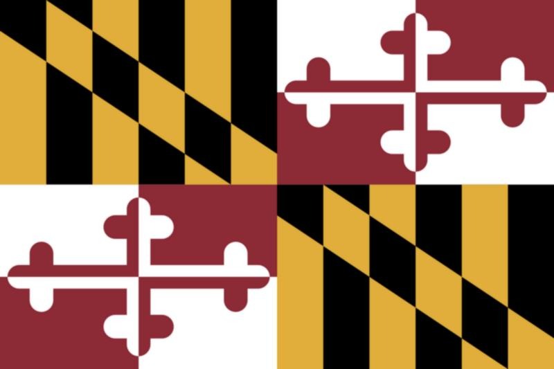 The Maryland state flag, black and gold Calvert quarters alongside red and white Crossland quarters.