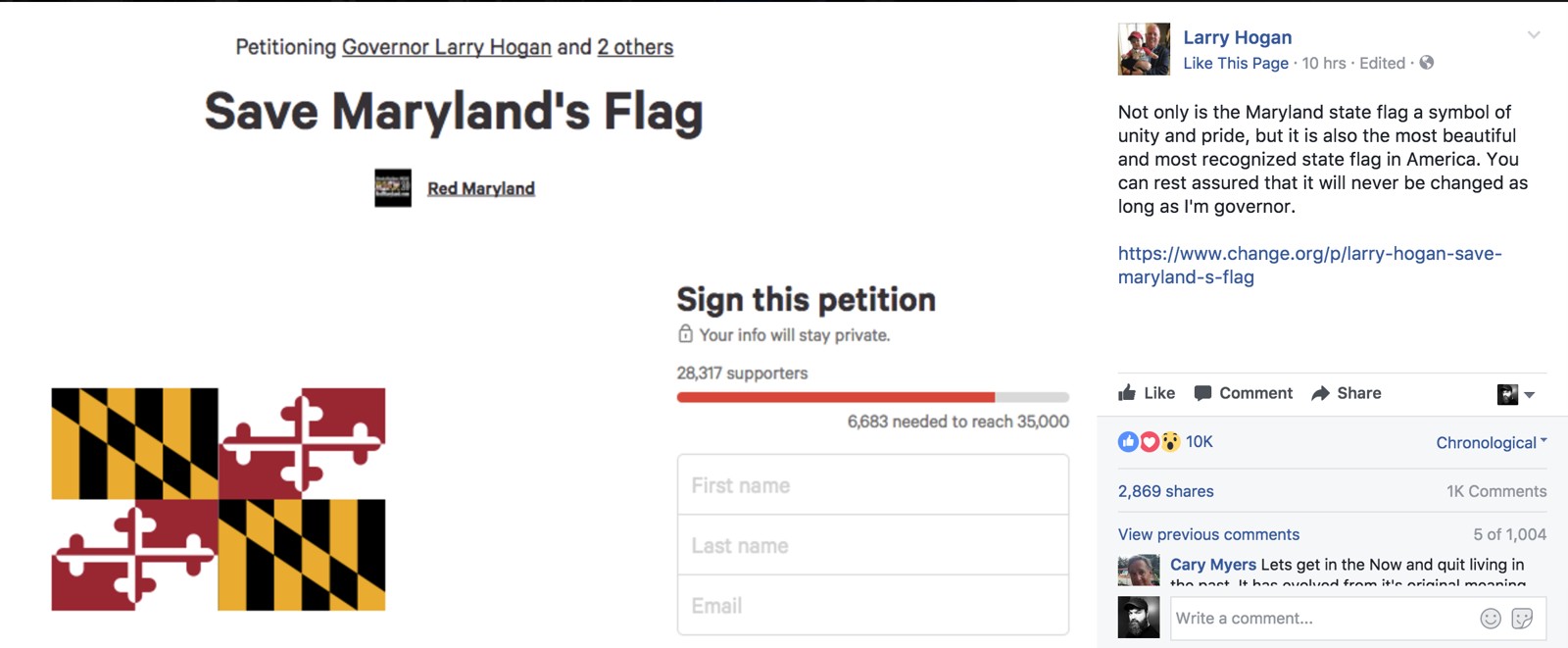 The Red Maryland Save Maryland’s Flag petition at 28,317 signatures, beside Governor Larry Hogan’s Facebook post saying the flag will never be changed as long as he is governor.
